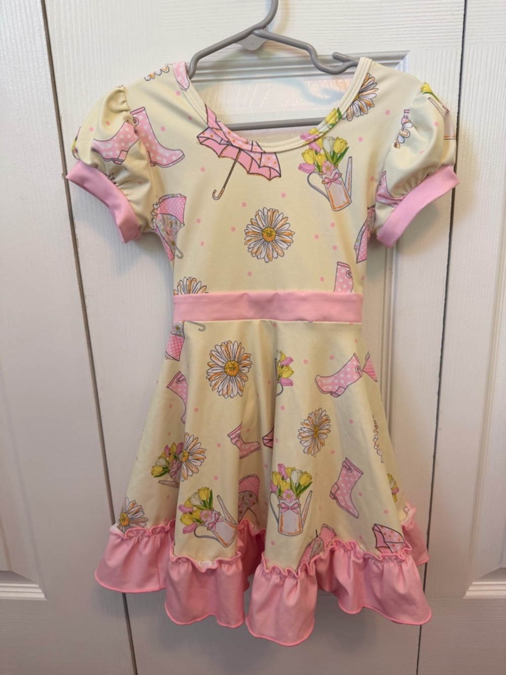 Yellow and Pink Floral Umbrella Print Girls Dress